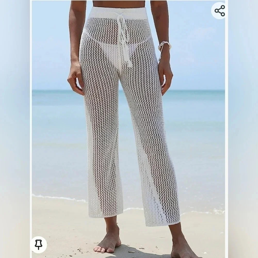 NWT ZAFUL Women's Cover Up Pants Crochet Beach Pants Drawstring Elastic White OS